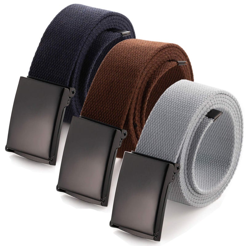 Mile High Life Cut To Fit Canvas Web Belt Size Up to 52" with Flip-Top Solid Black Military Buckle (3 Pack Brown/Navy/Gray) - Image 1